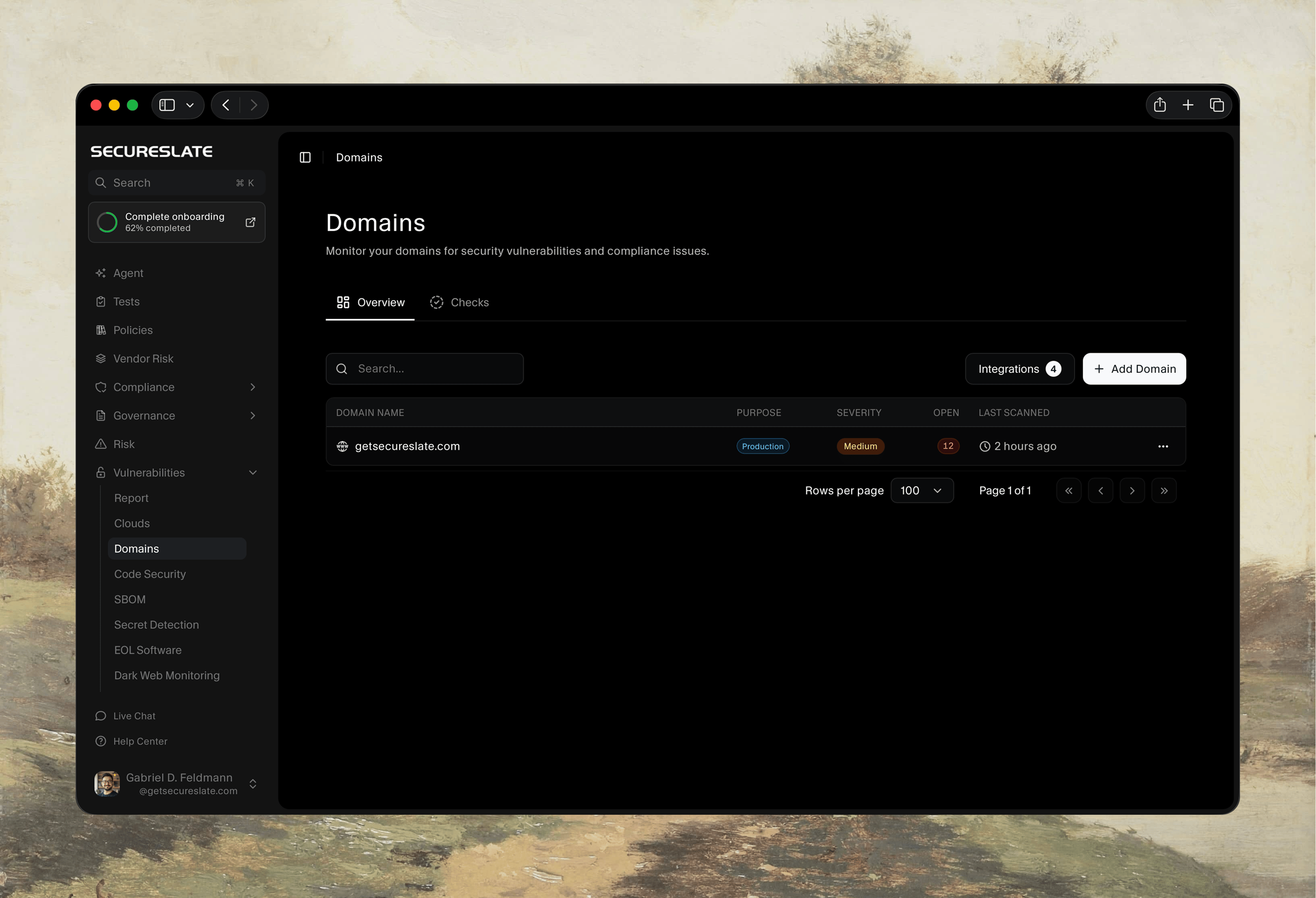 Attack surface monitoring dashboard showing monitored domains and their open findings