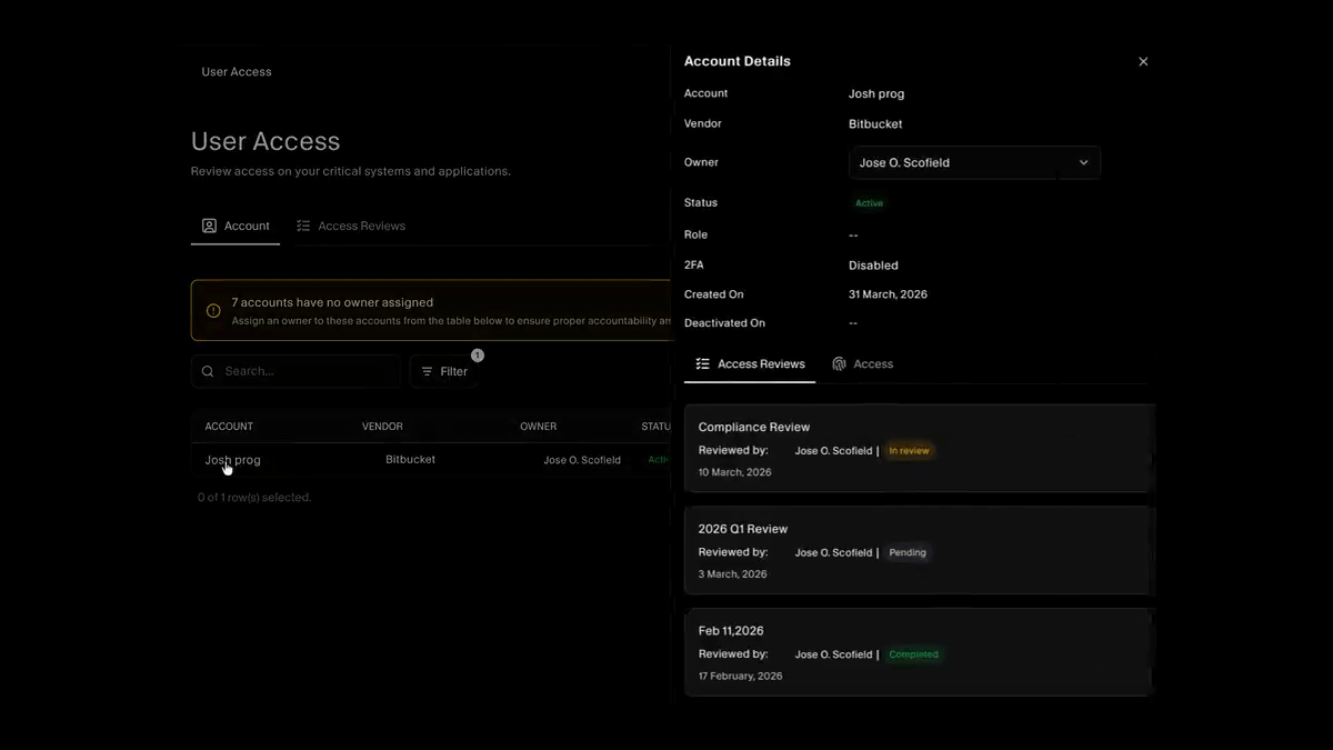 Account details panel showing owner, two-factor status, and the account's past access reviews