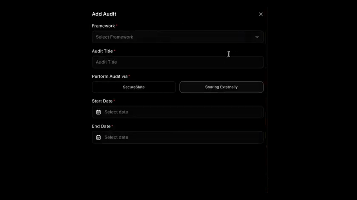 Creating an audit with the option to perform it via SecureSlate or by sharing externally