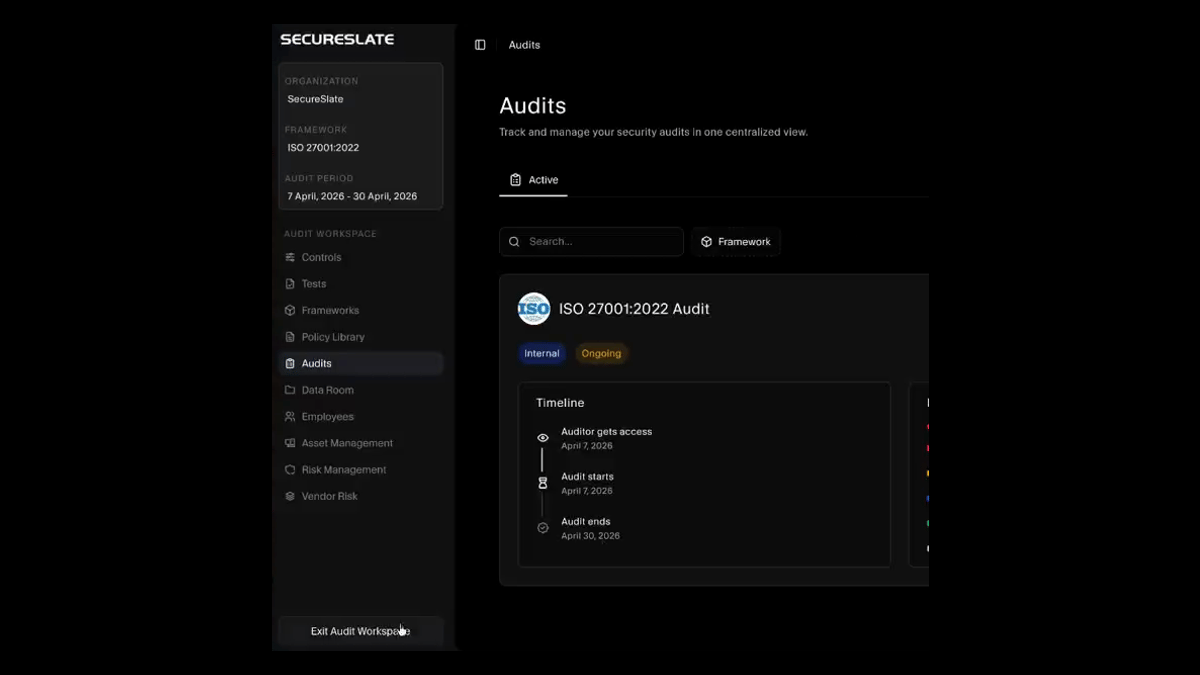 Audit workspace with the organisation, framework, and audit period pinned alongside scoped navigation