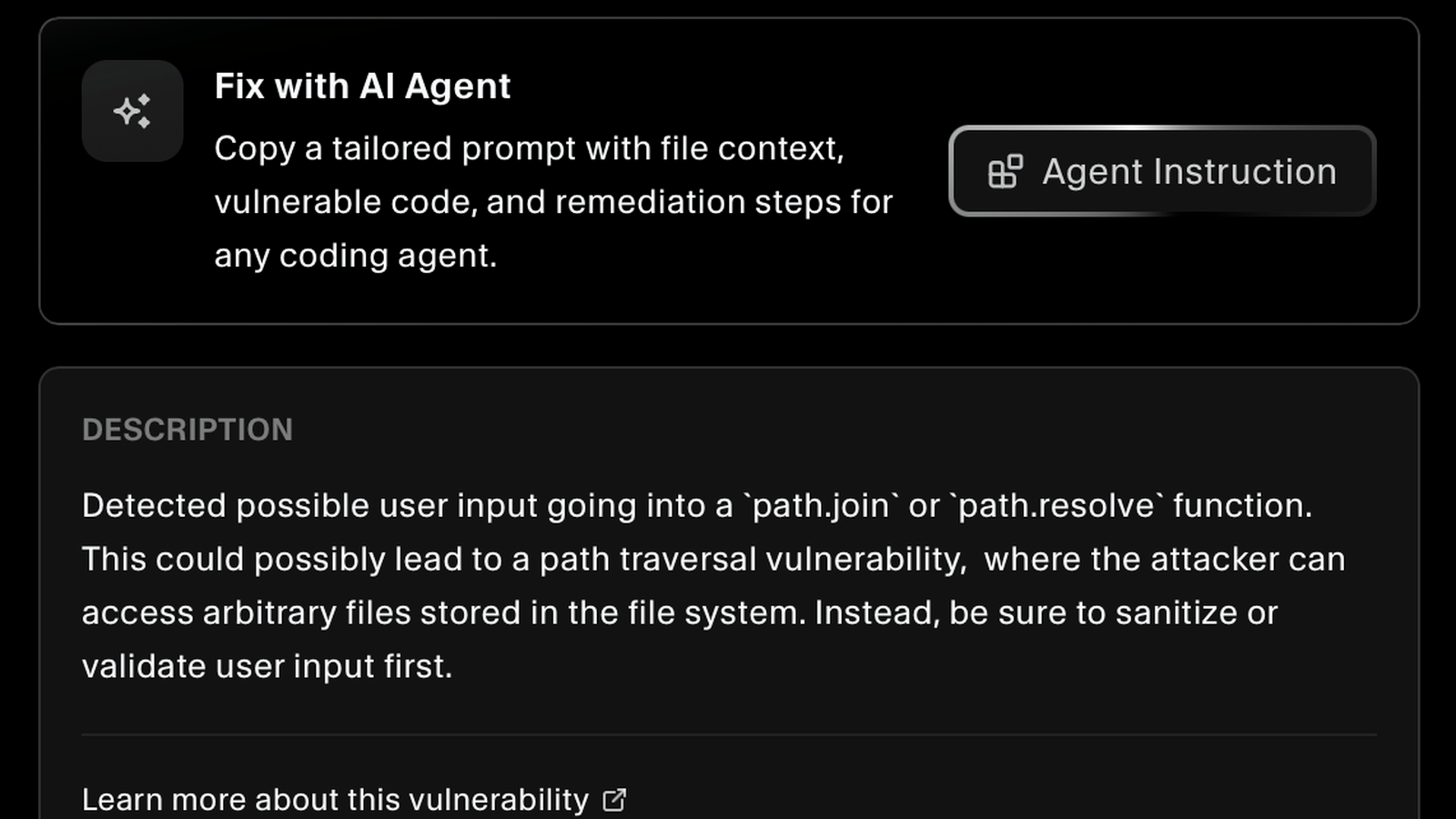 Fix with AI Agent panel generating a tailored remediation prompt for a coding agent
