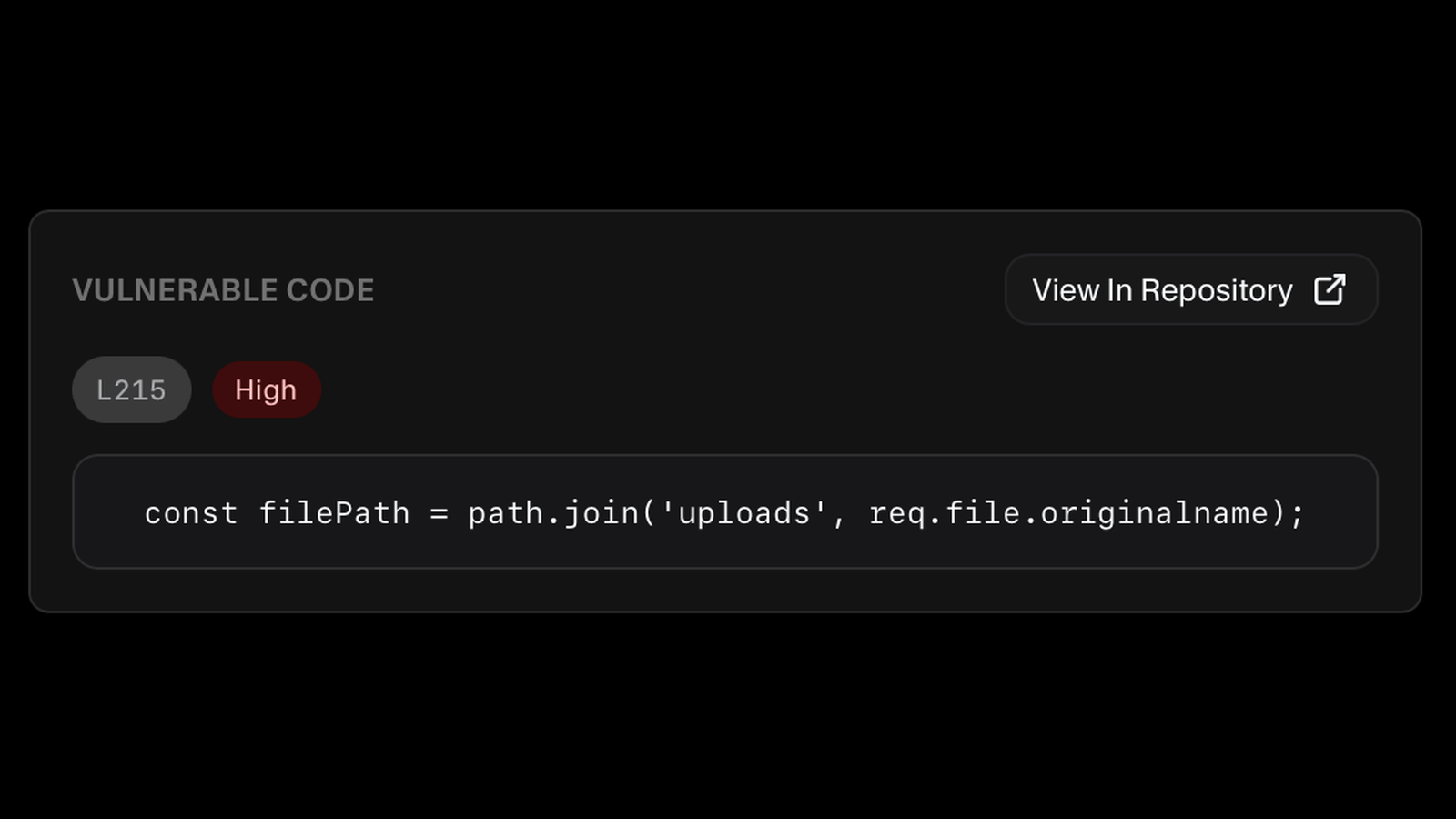 Vulnerable code snippet with its line number and a link to view it in the repository