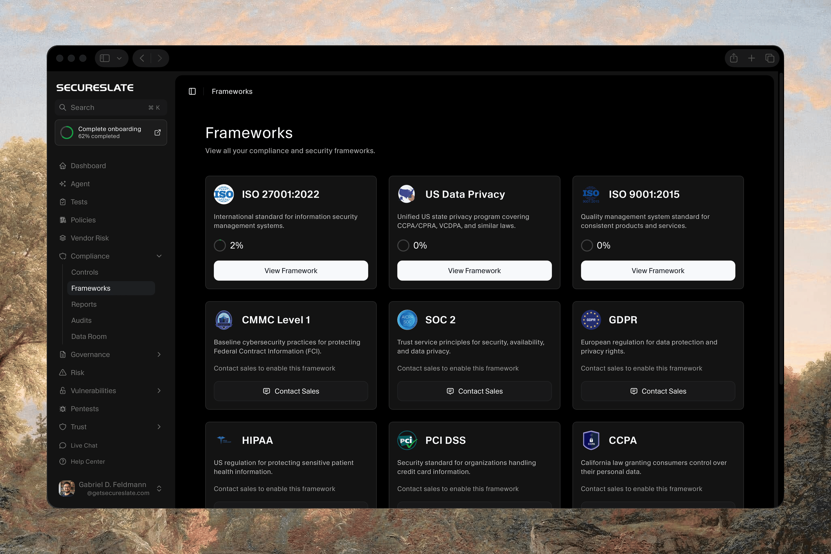 SecureSlate Frameworks page showing ISO 27001, US Data Privacy, ISO 9001, CMMC, SOC 2, GDPR, HIPAA, PCI DSS, and CCPA with per-framework progress
