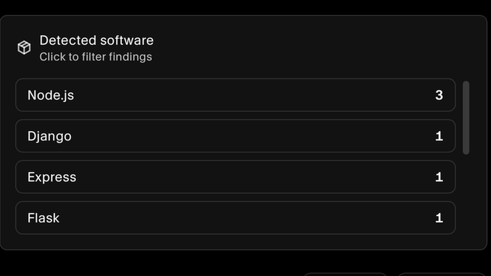Detected software breakdown showing affected frameworks and runtimes with counts
