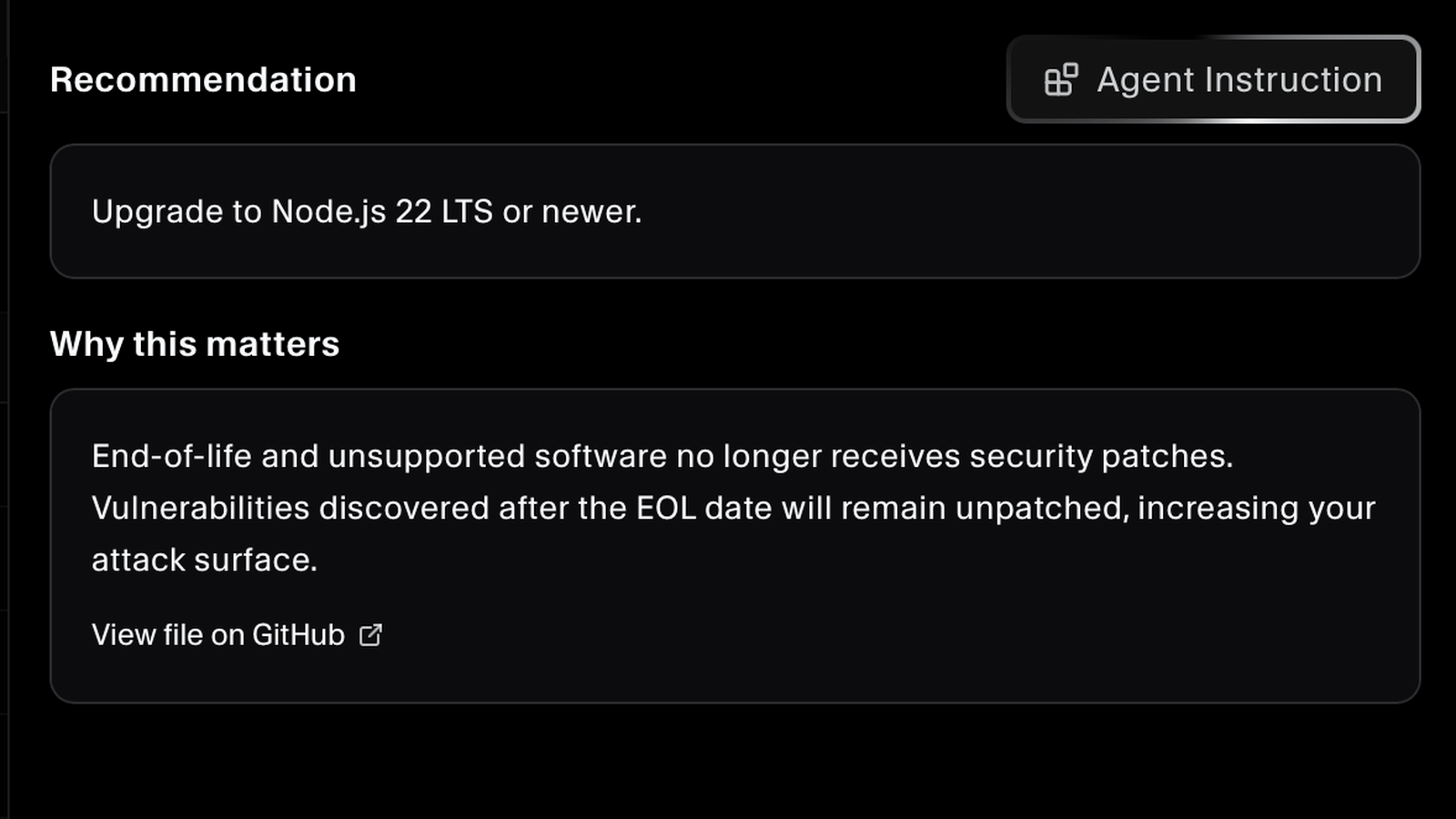 Upgrade recommendation with an agent instruction and a link to the file on GitHub