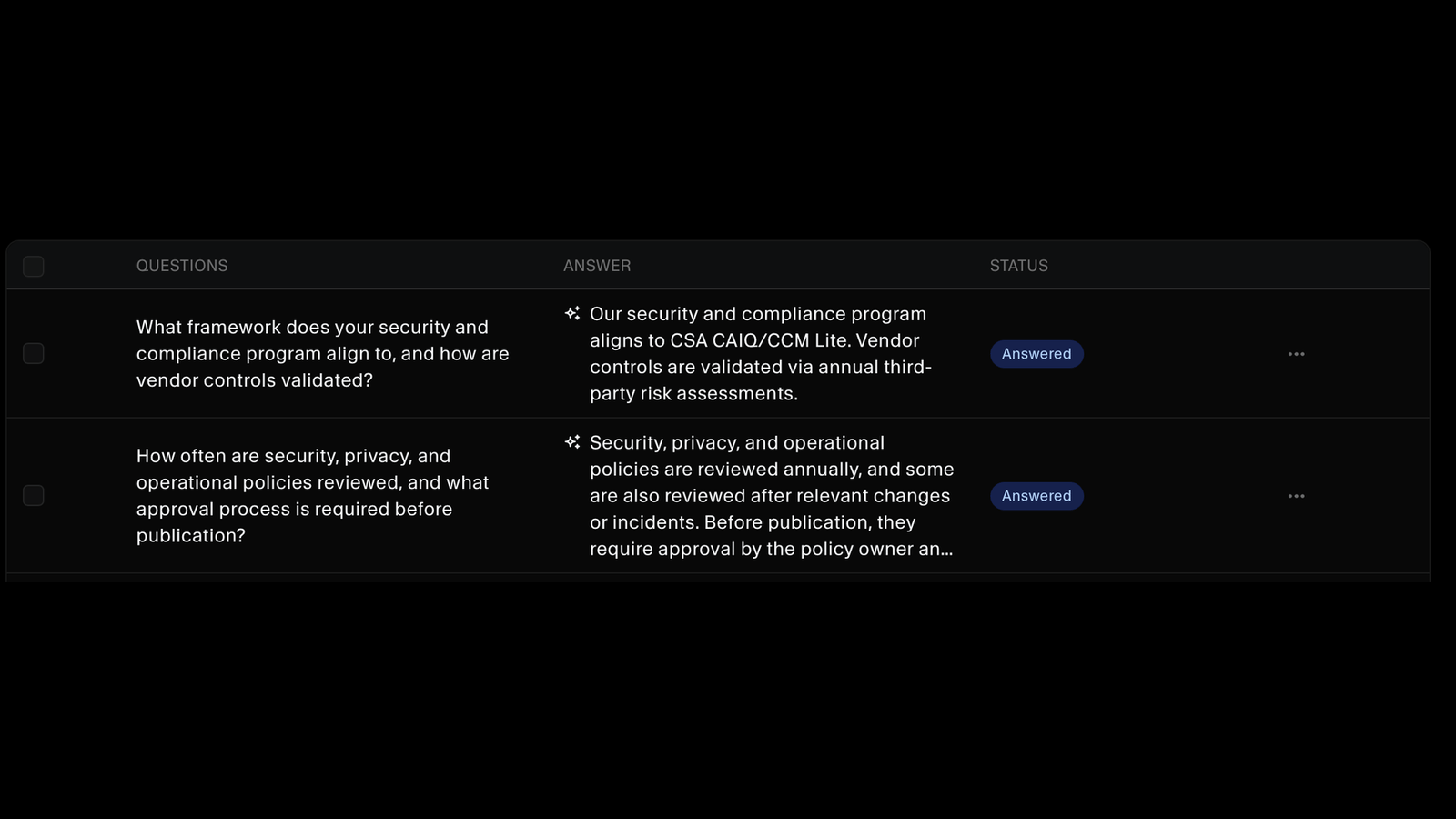 Questionnaire showing AI-suggested answers drawn from the knowledge hub