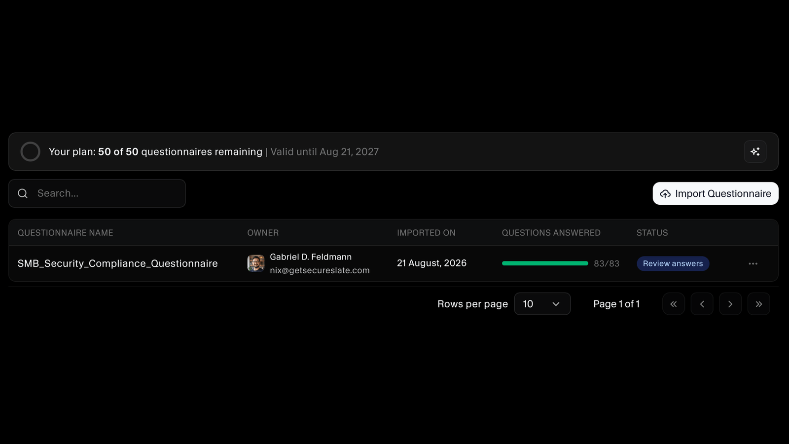Questionnaire list showing owner, import date, and completion progress