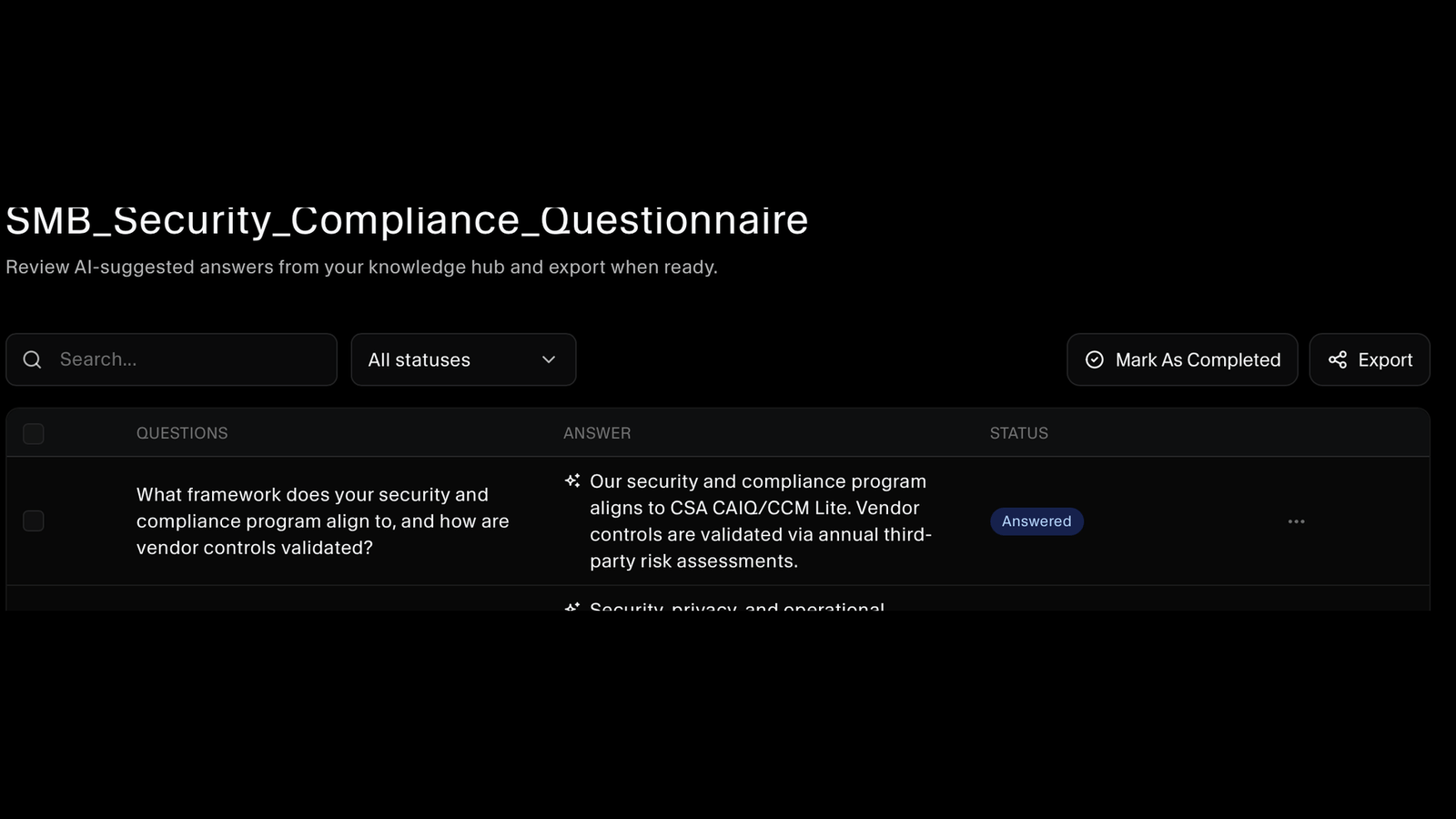Reviewing questionnaire answers with status filtering, completion, and export