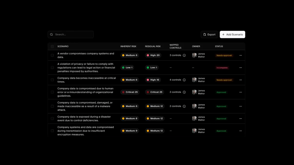 Risk register listing scenarios with inherent risk, residual risk, mapped controls, owner, and status