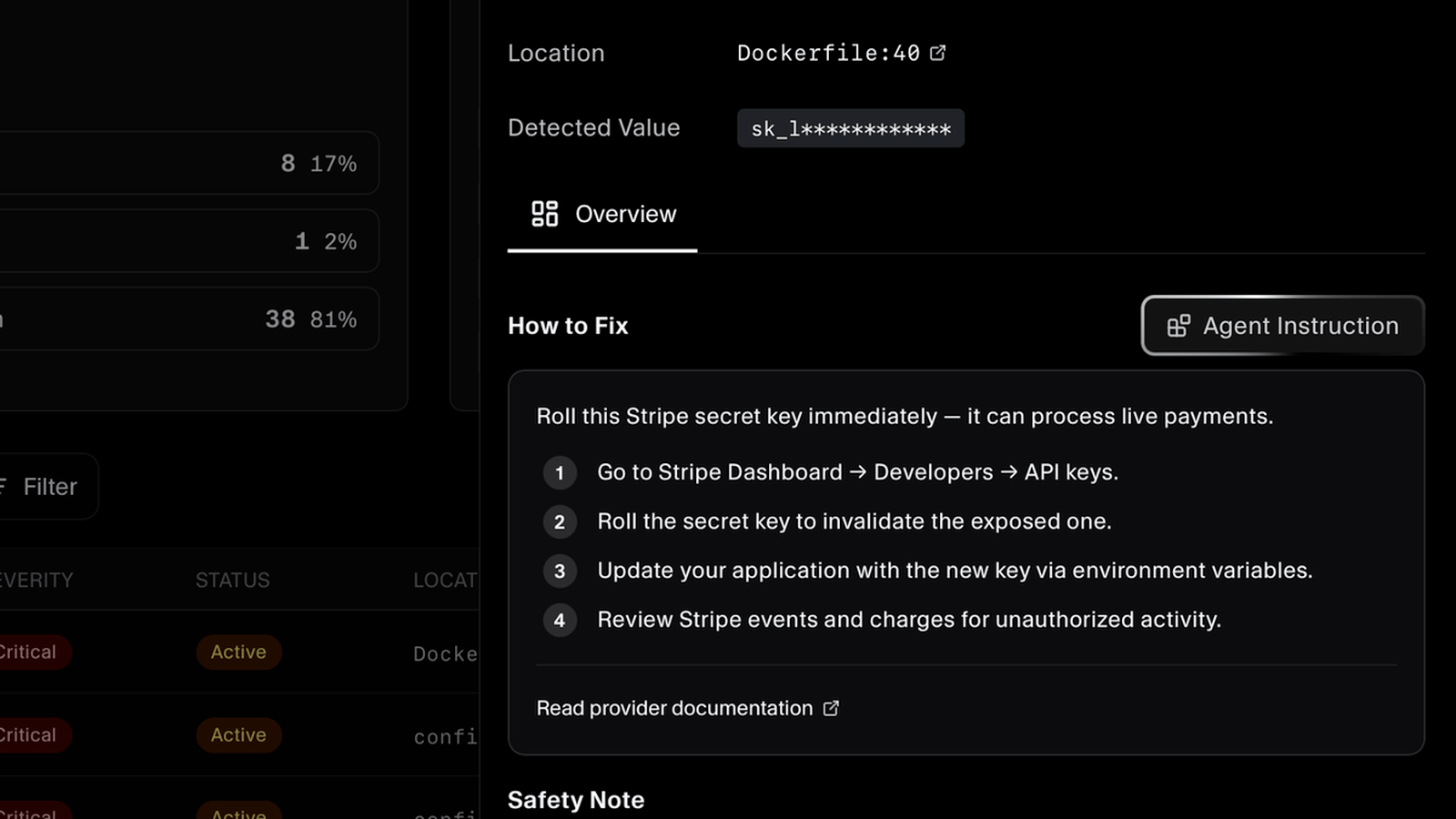 Remediation steps and agent instruction shown for an exposed Stripe secret key