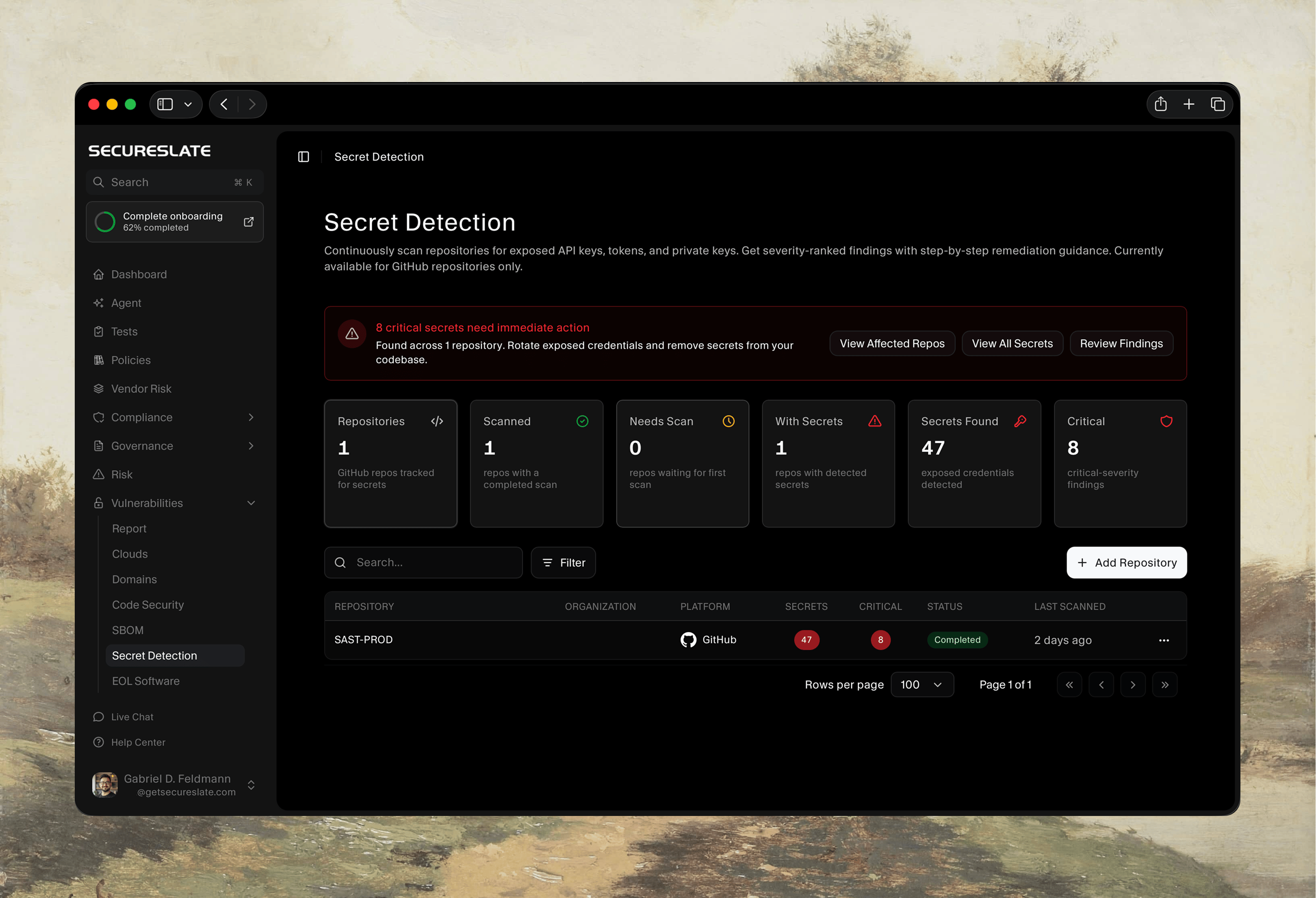 Secrets detection dashboard showing exposed credentials ranked by severity