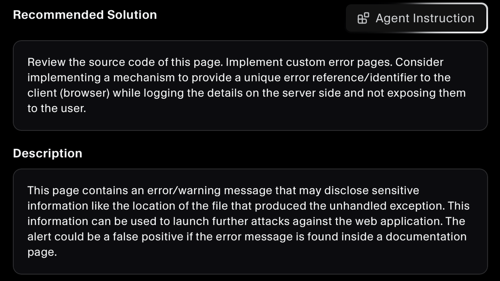 Recommended solution for a finding with an agent instruction and full description