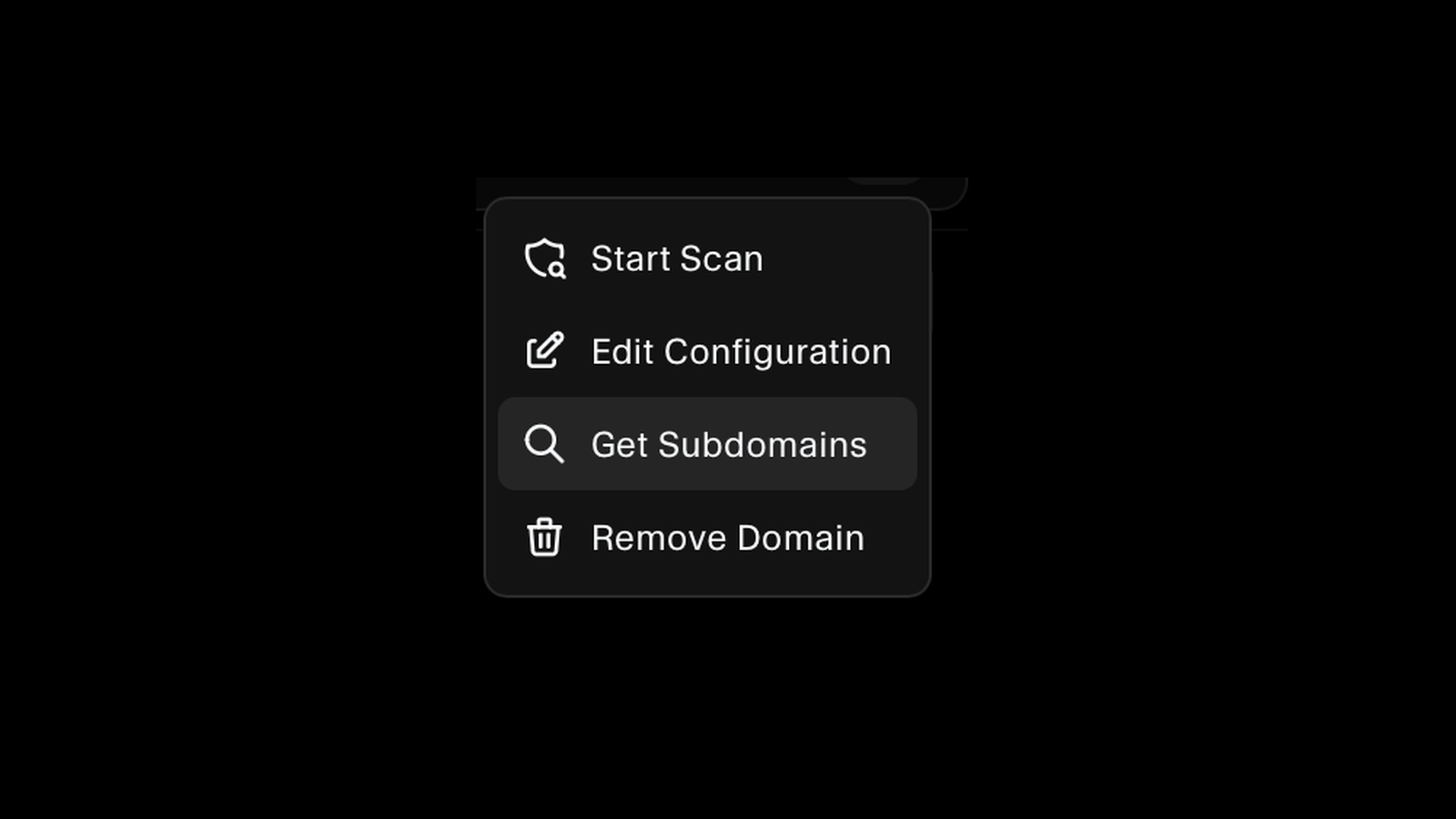 Domain actions menu with the option to discover subdomains