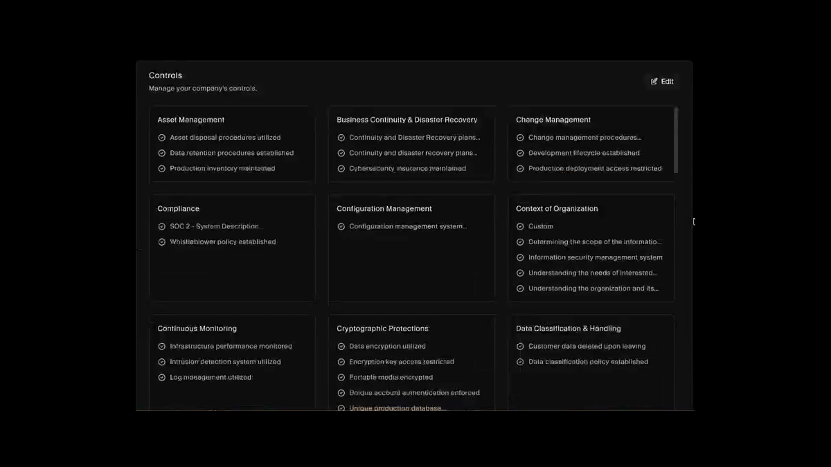 Published trust center controls grouped by category such as asset management and cryptographic protections
