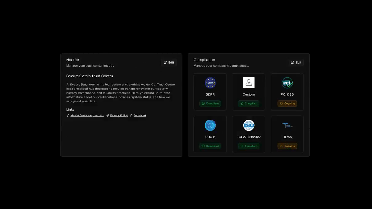 Trust center header and compliance badges showing SOC 2, ISO 27001, GDPR, HIPAA, and PCI DSS with their status