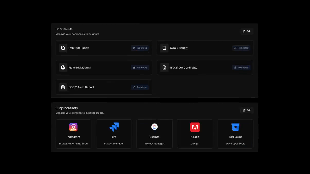 Trust center documents with access levels alongside a published subprocessor list