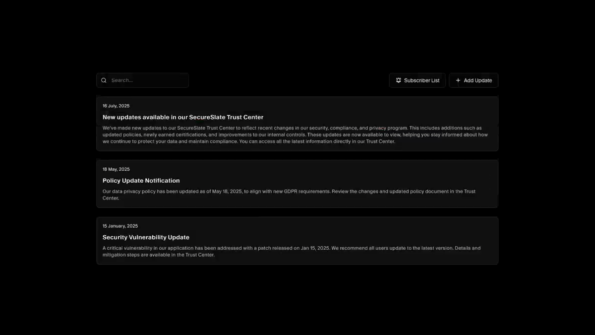 Trust center updates feed with dated announcements and a subscriber list