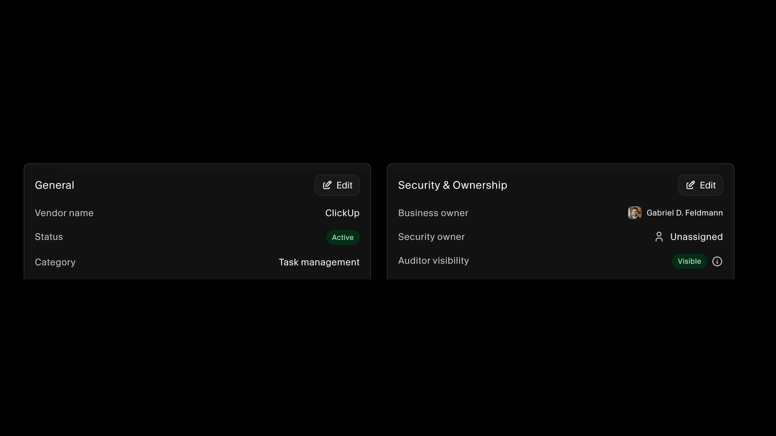 Vendor general details alongside security and ownership showing business owner, security owner, and auditor visibility
