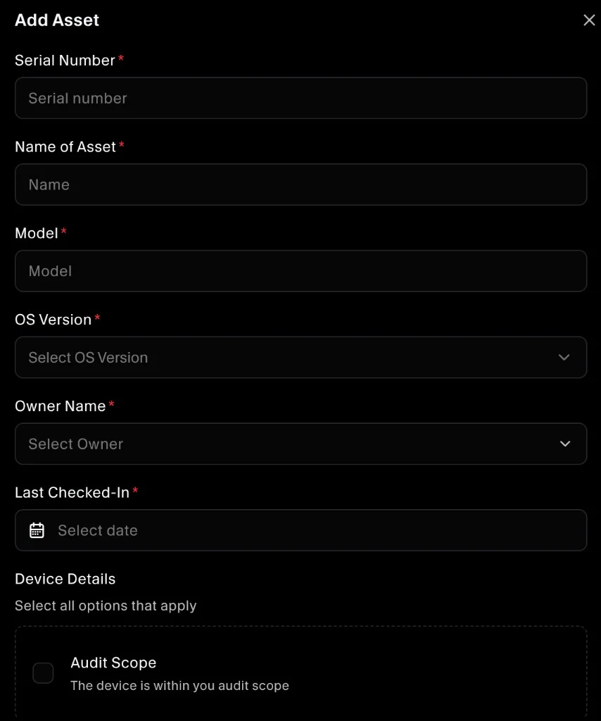 Add Asset form
