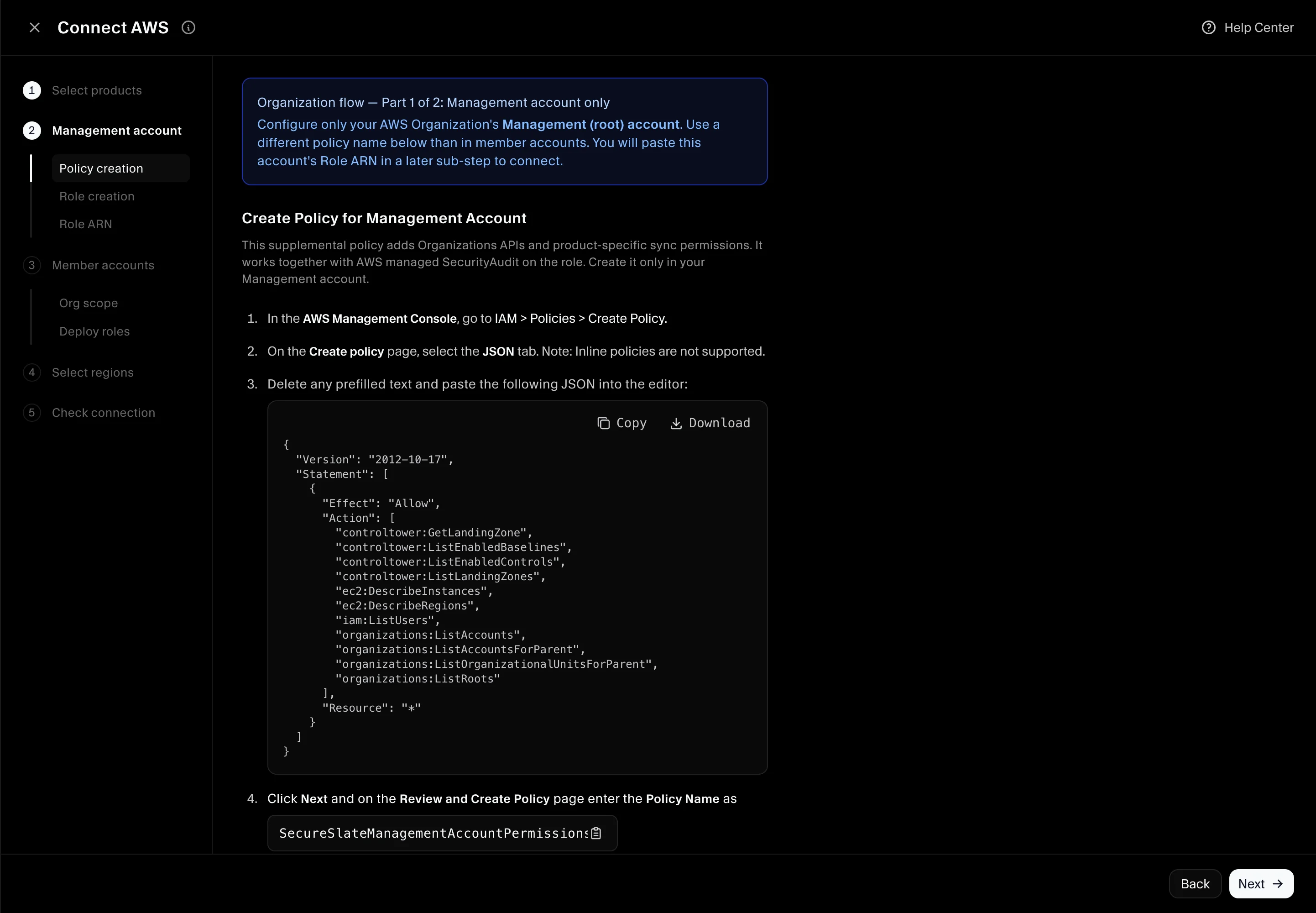 Organization flow - management account policy