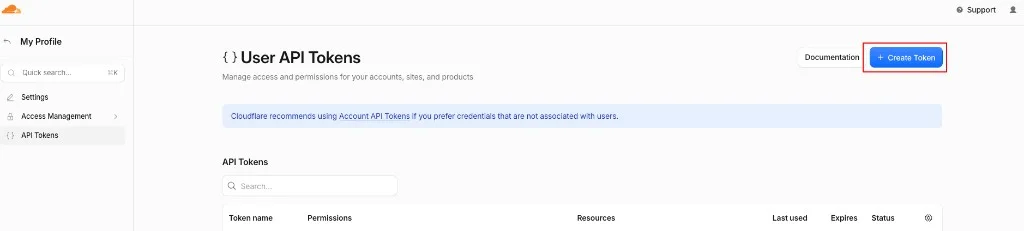 Cloudflare User API Tokens — Create Token