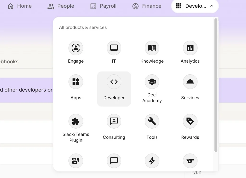 Deel – open Developer from the product menu