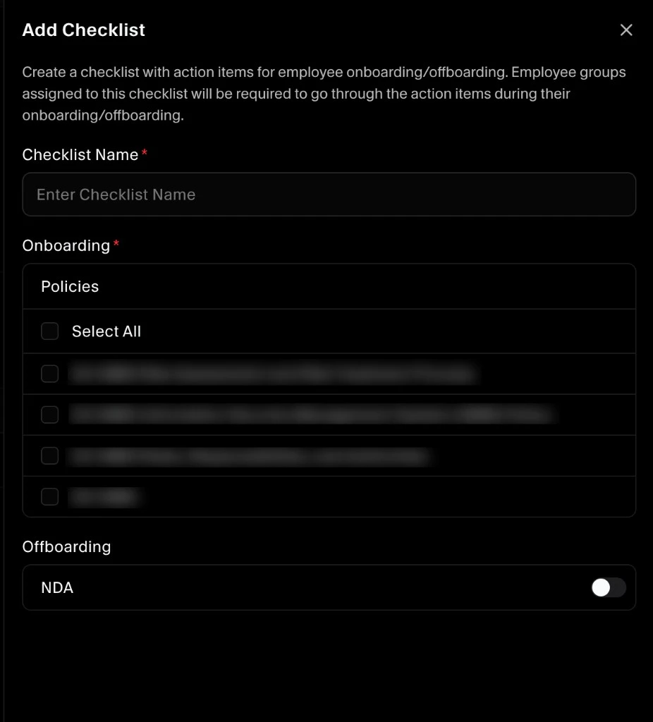 Checklist setup modal