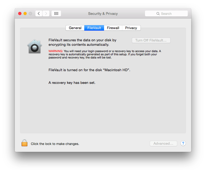 macOS Security & Privacy – FileVault tab
