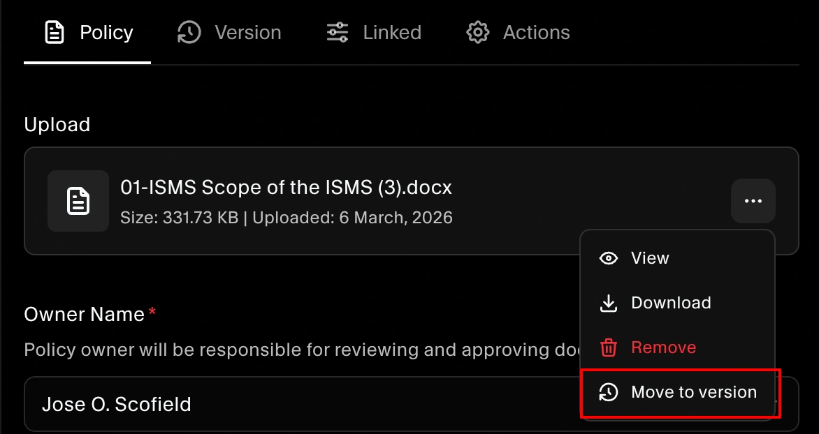 Move to version option
