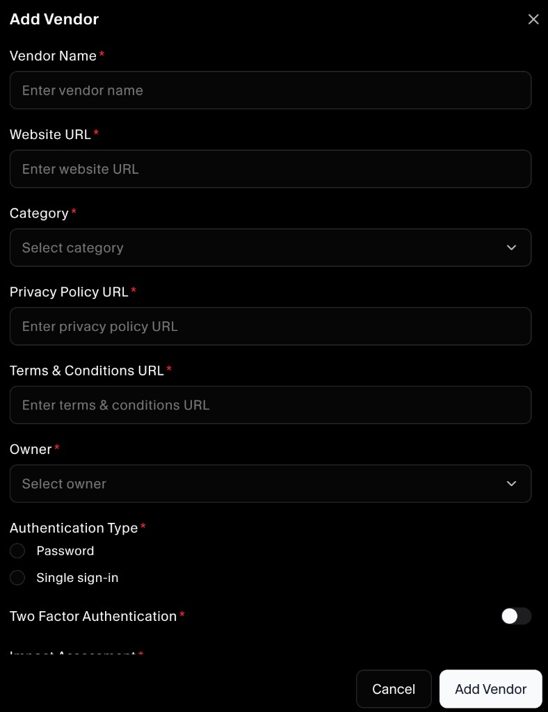 Add Vendor form - basic details