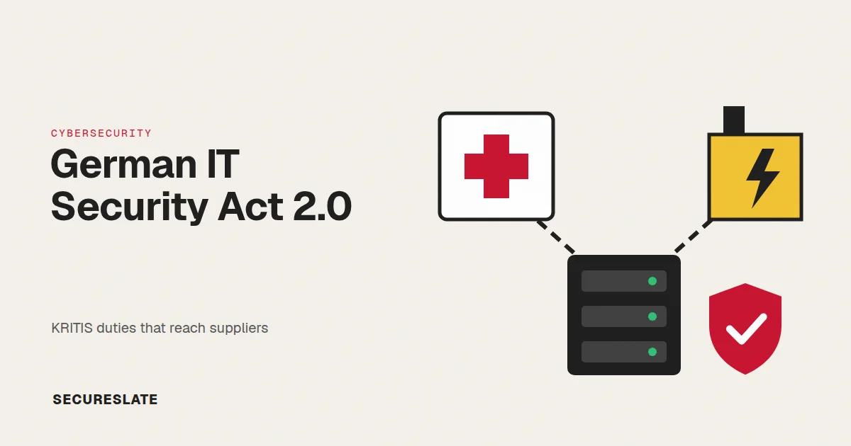 German IT Security Act 2.0 illustration: a hospital, power plant and server linked by dashed supply lines beside a shield