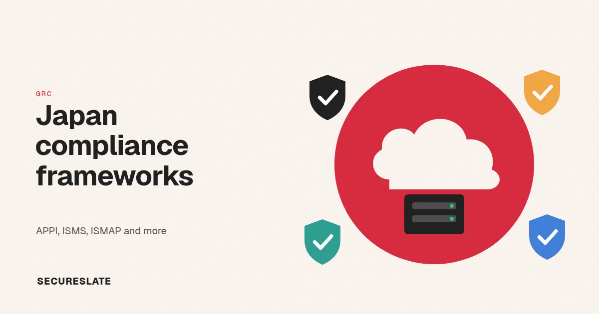 Japan compliance frameworks illustration: a cloud server inside a red circle surrounded by four shield badges