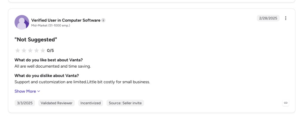 G2 review of Vanta: Not Suggested, 0 stars
